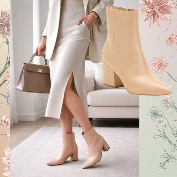 Stuart Weitzman Avenue 75 Block Bootie Beige Leather